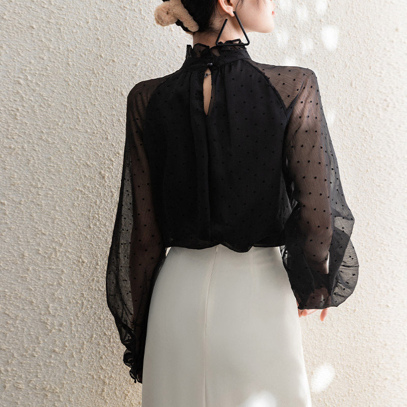 Polka Dot Mesh Blouse | Romantic Long-Sleeve Sheer Top for Women
