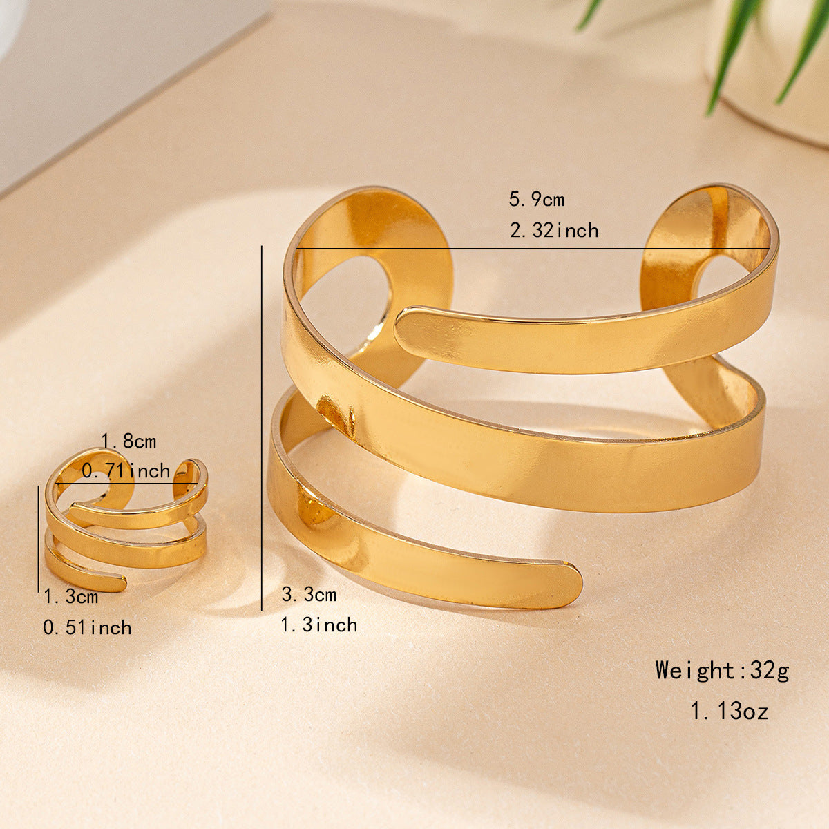 Geometric Hollow-Out Bracelet & Ring Set