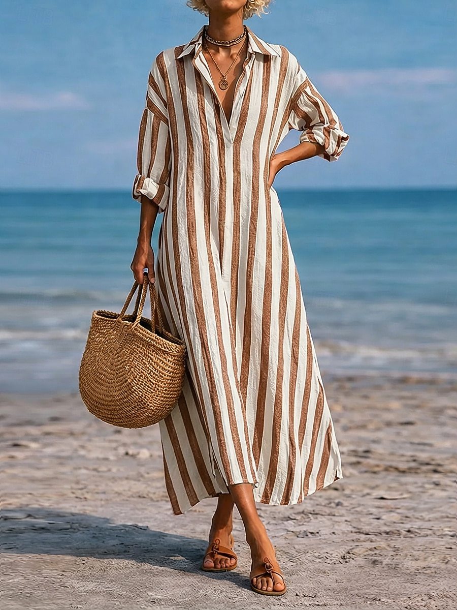 Striped Lapel Pocket Dress