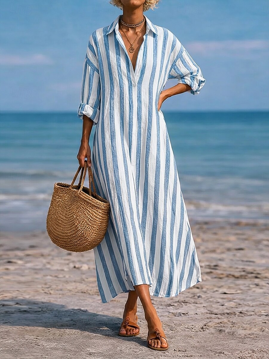 Striped Lapel Pocket Dress
