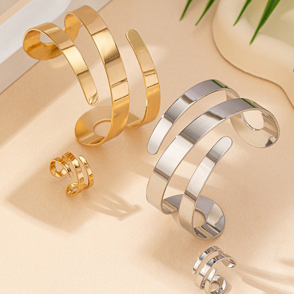 Geometric Hollow-Out Bracelet & Ring Set