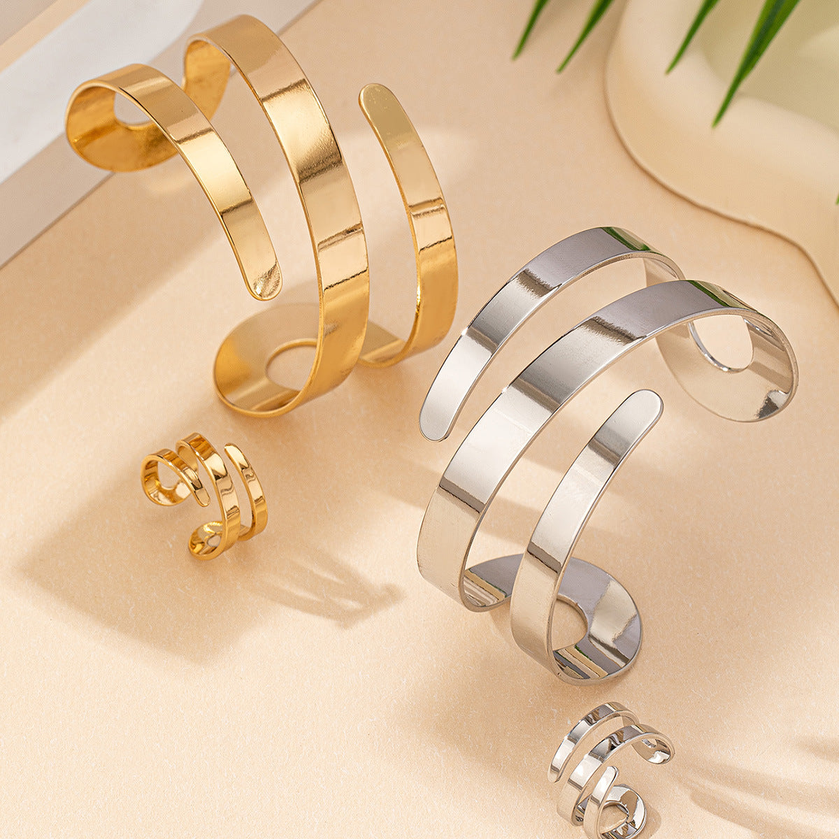 Geometric Hollow-Out Bracelet & Ring Set