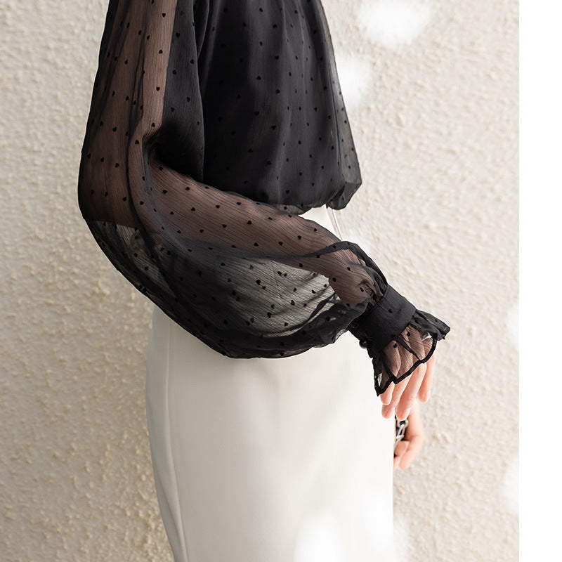 Polka Dot Mesh Blouse | Romantic Long-Sleeve Sheer Top for Women