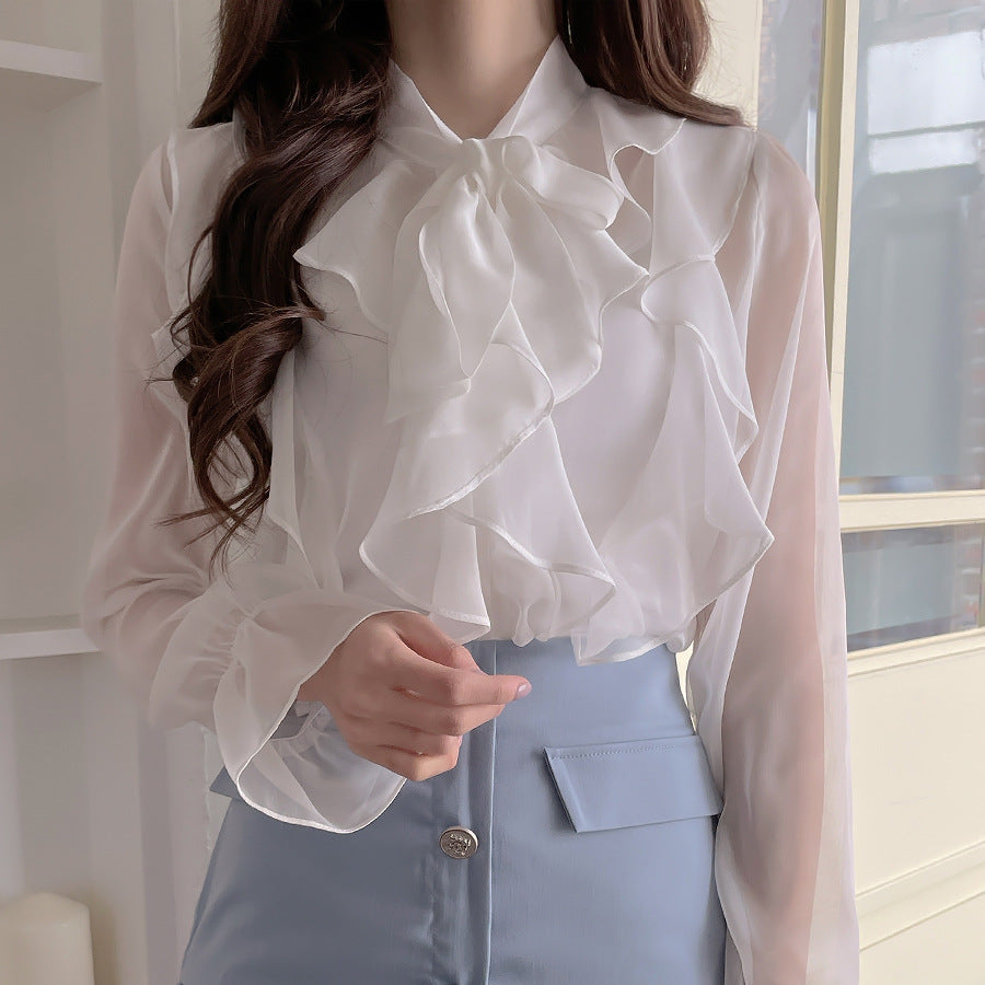 Ruffle Chiffon Sheer Blouse | Bow-Tie Elegant Top for Women
