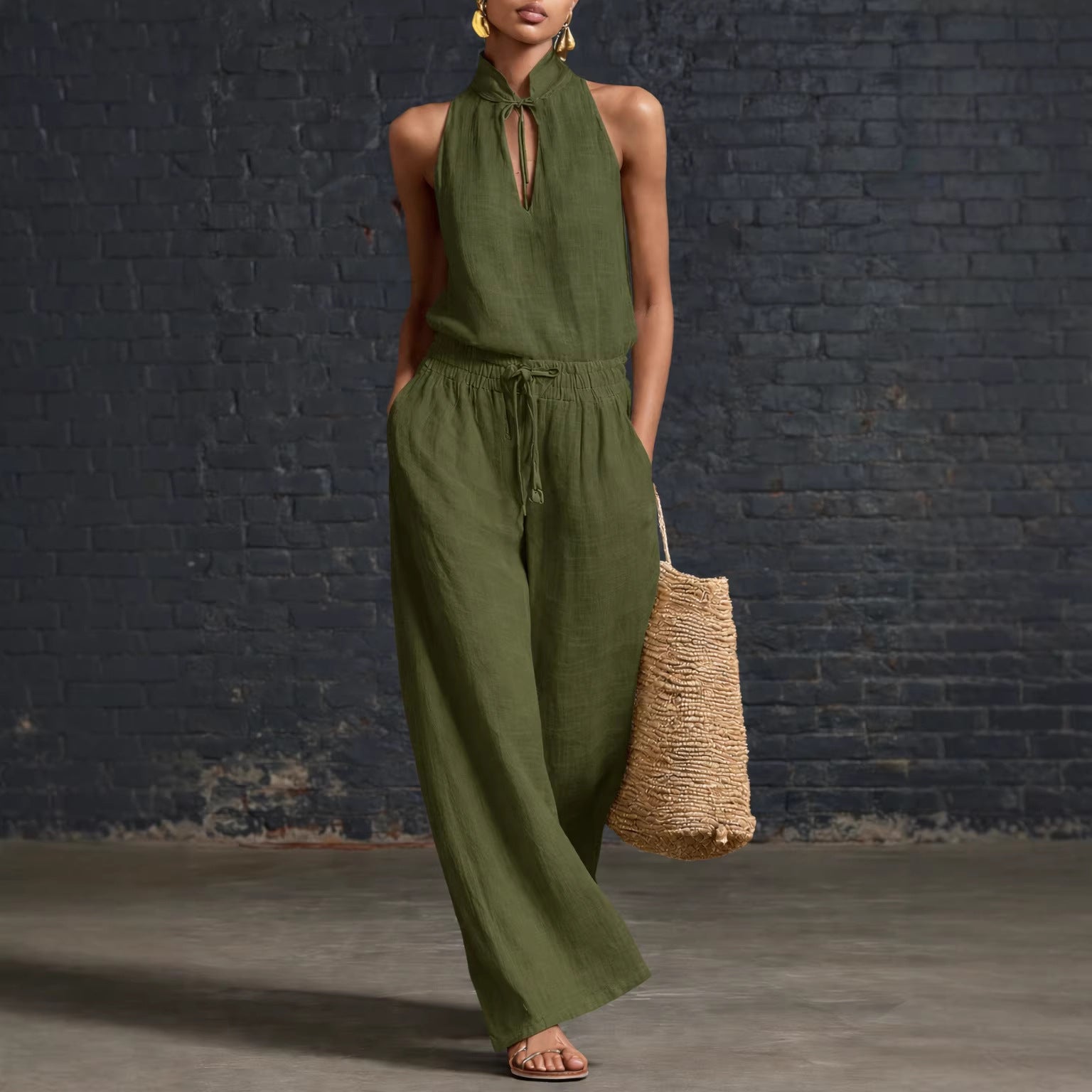 Cotton & Linen Top and Wide-Leg Pants Set