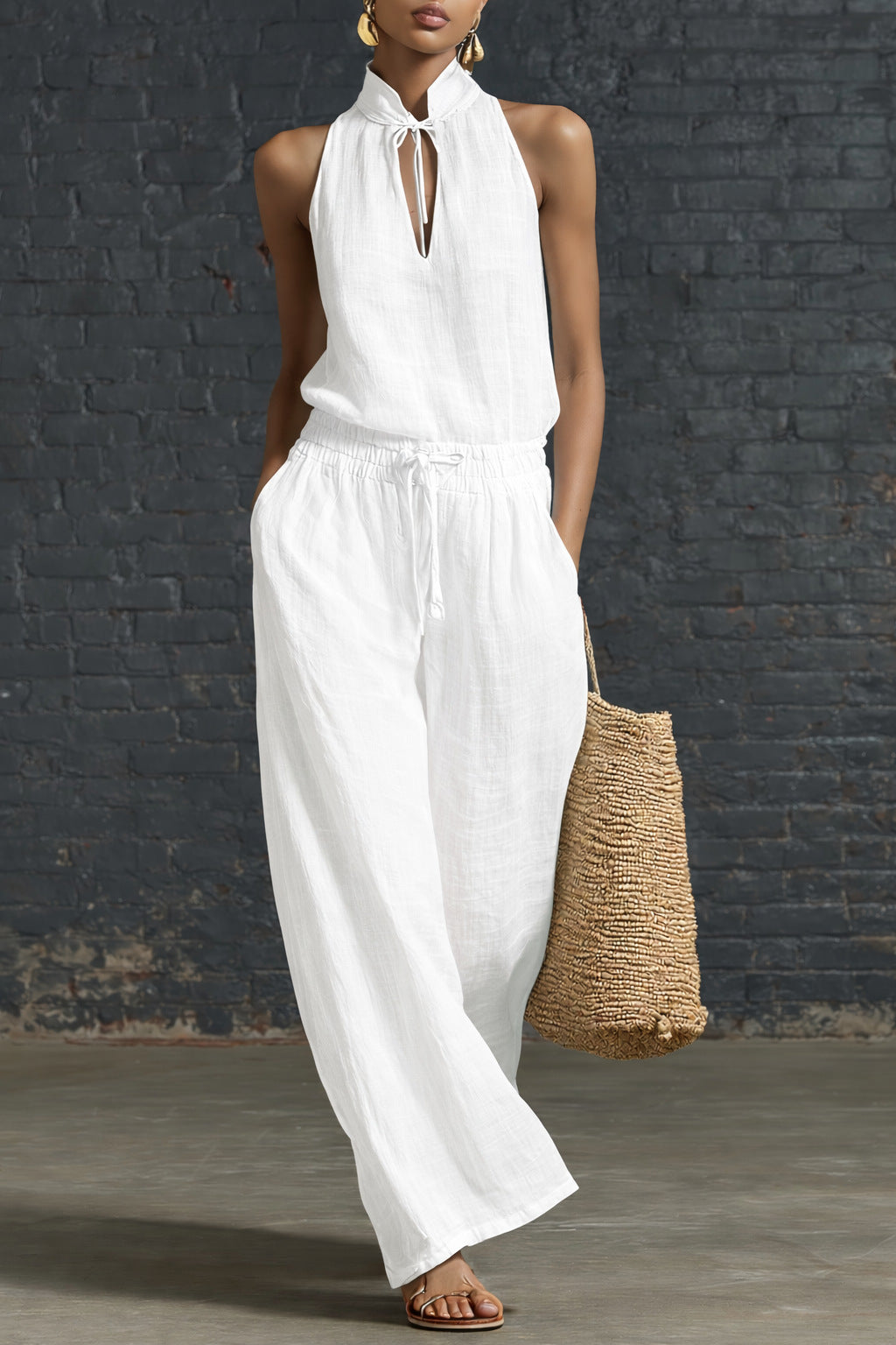 Cotton & Linen Top and Wide-Leg Pants Set