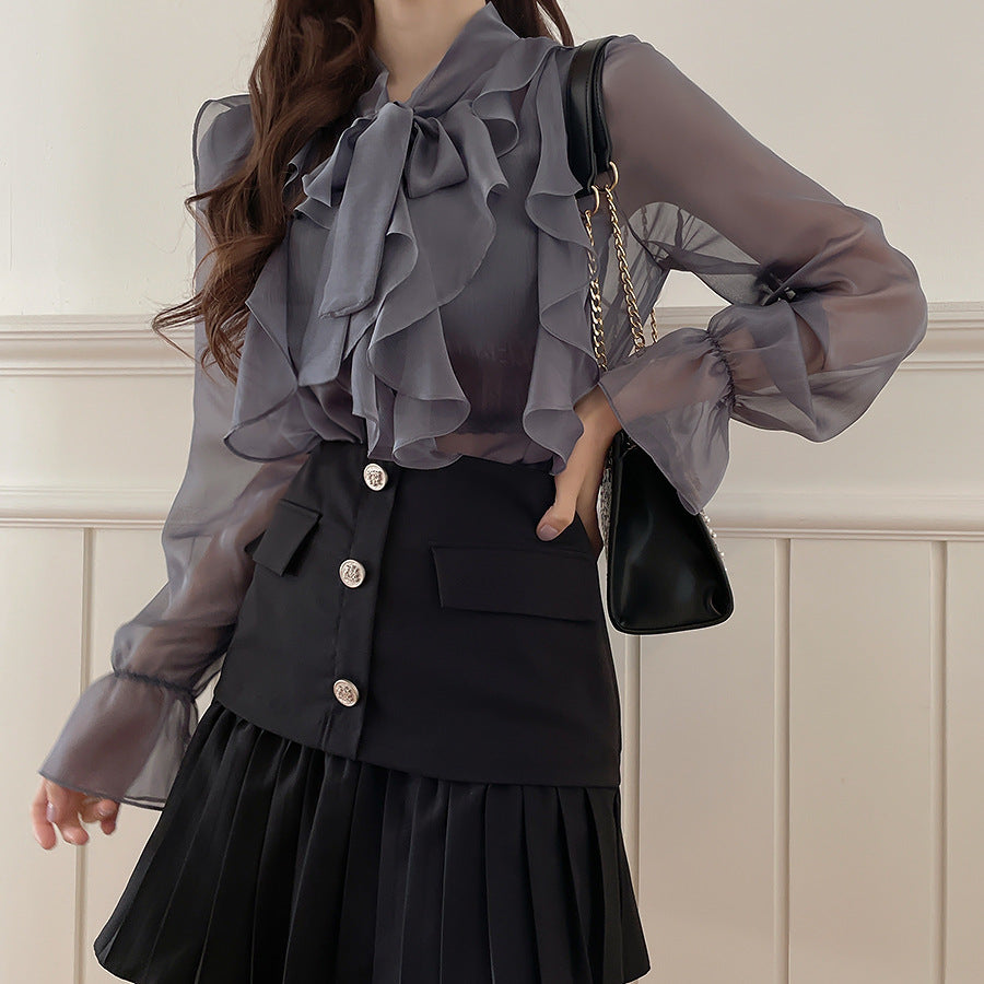 Ruffle Chiffon Sheer Blouse | Bow-Tie Elegant Top for Women