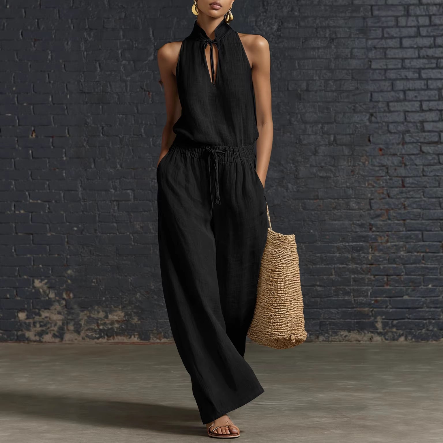Cotton & Linen Top and Wide-Leg Pants Set