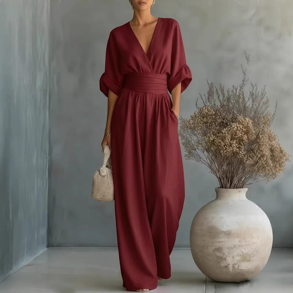 Summer V-Neck Wide-Leg Jumpsuit | Casual Chic One-Piece