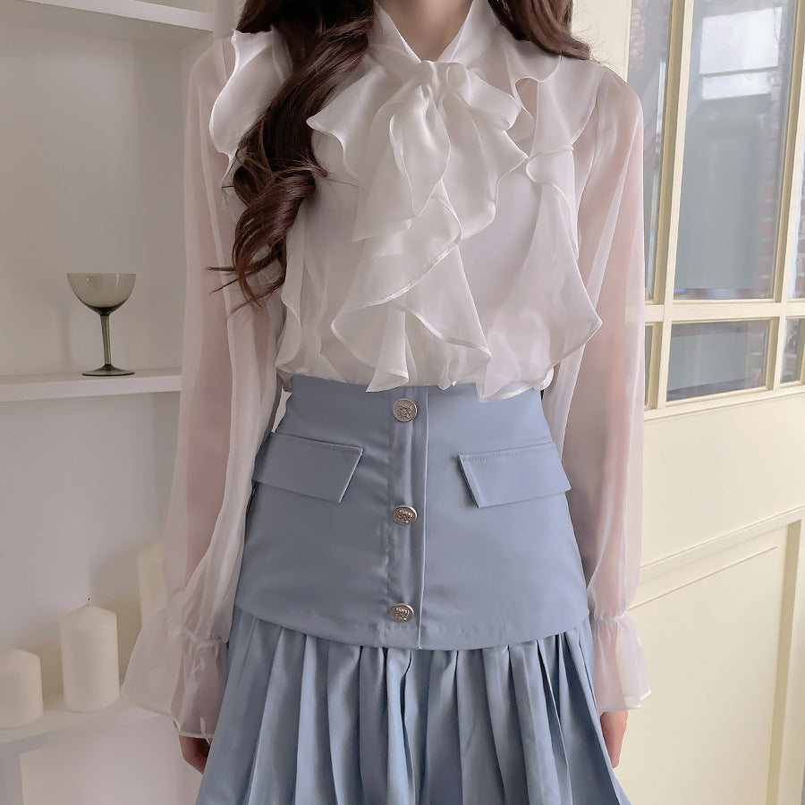 Ruffle Chiffon Sheer Blouse | Bow-Tie Elegant Top for Women