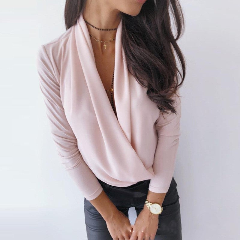 Deep V-Neck Wrap Shirt | Elegant Long-Sleeve Top for Women