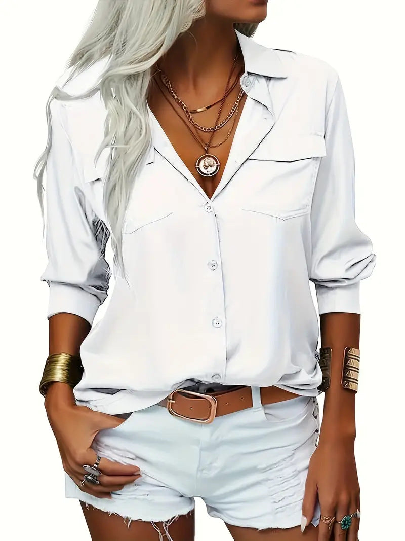 Elegant V-Neck Chiffon Blouse | Loose Casual Office Shirt for Women