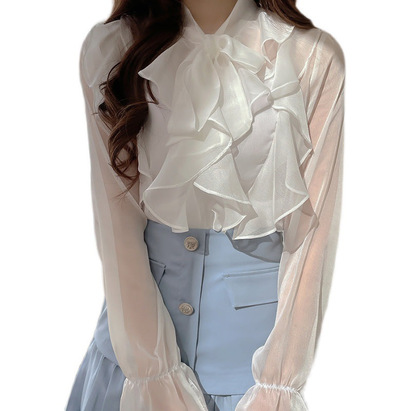 Ruffle Chiffon Sheer Blouse | Bow-Tie Elegant Top for Women