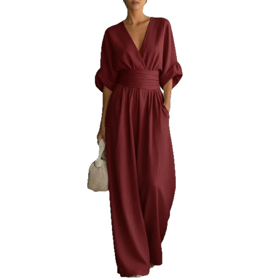 Summer V-Neck Wide-Leg Jumpsuit | Casual Chic One-Piece