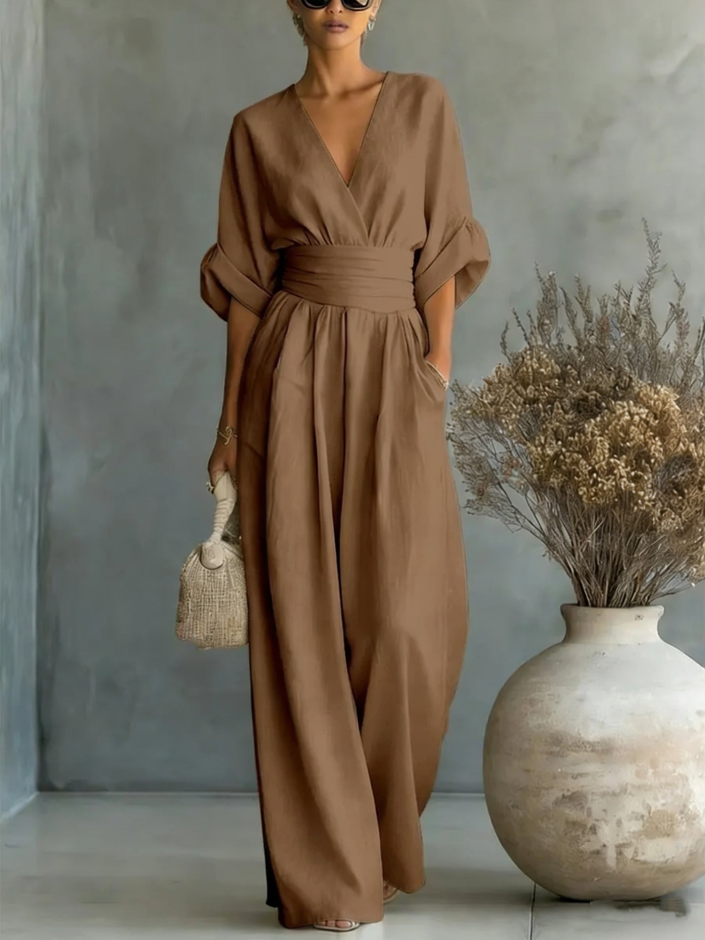 Summer V-Neck Wide-Leg Jumpsuit | Casual Chic One-Piece