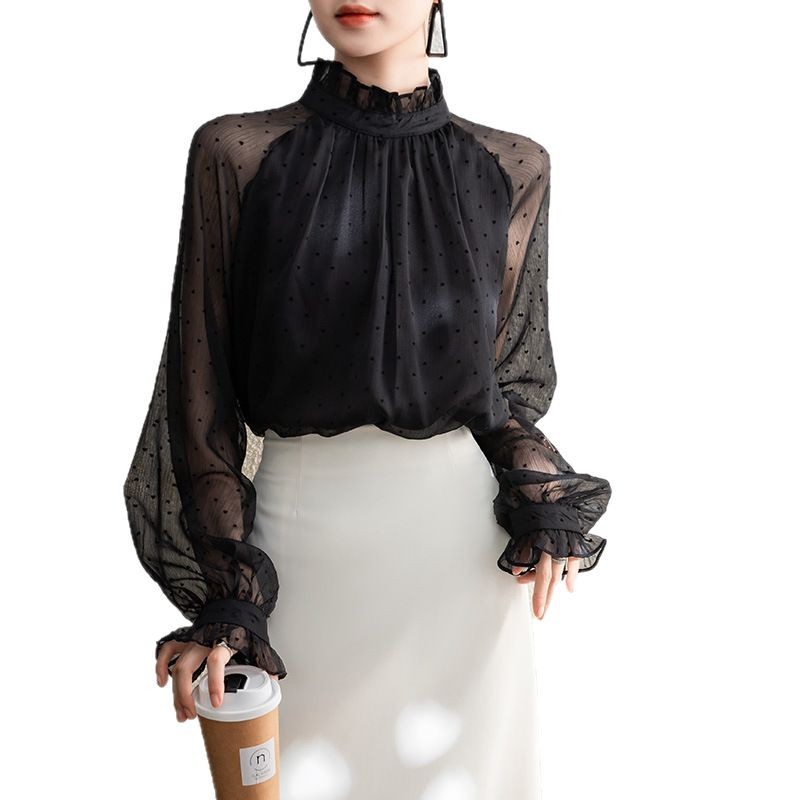 Polka Dot Mesh Blouse | Romantic Long-Sleeve Sheer Top for Women