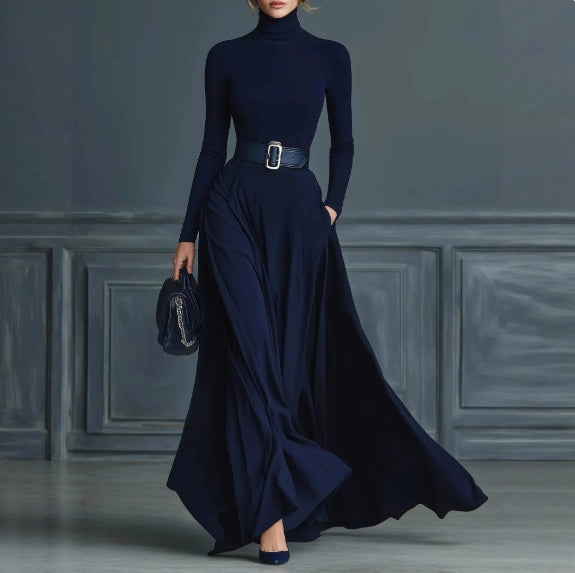 Long Sleeve High Neck Slim Waist Maxi Dress