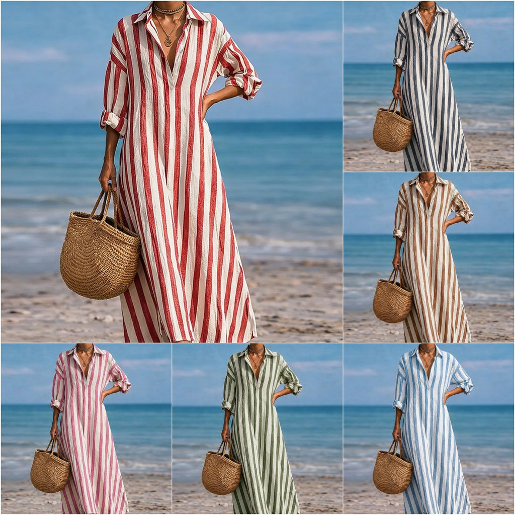 Striped Lapel Pocket Dress