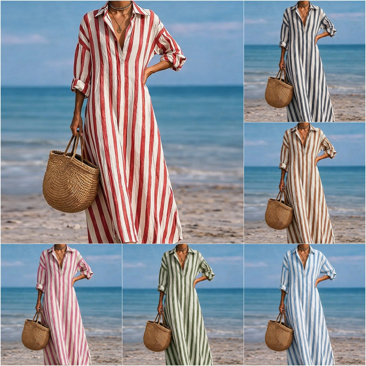 Striped Lapel Pocket Dress