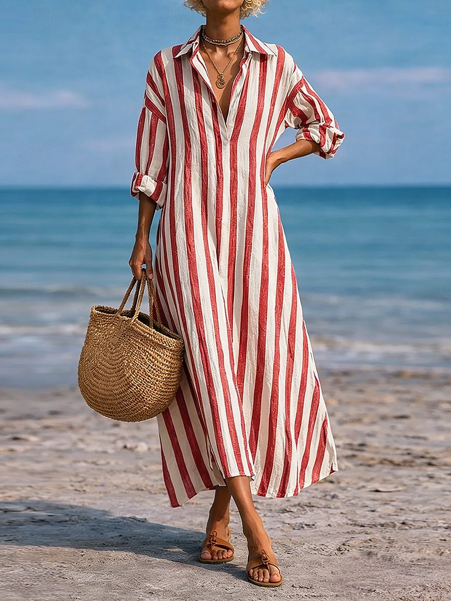 Striped Lapel Pocket Dress