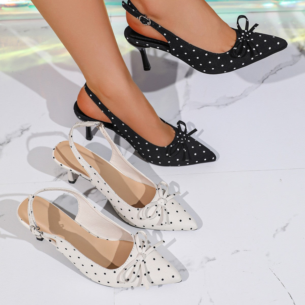 Polka Dot Stiletto Heels | French Luxury Pointed-Toe Backless Sandals