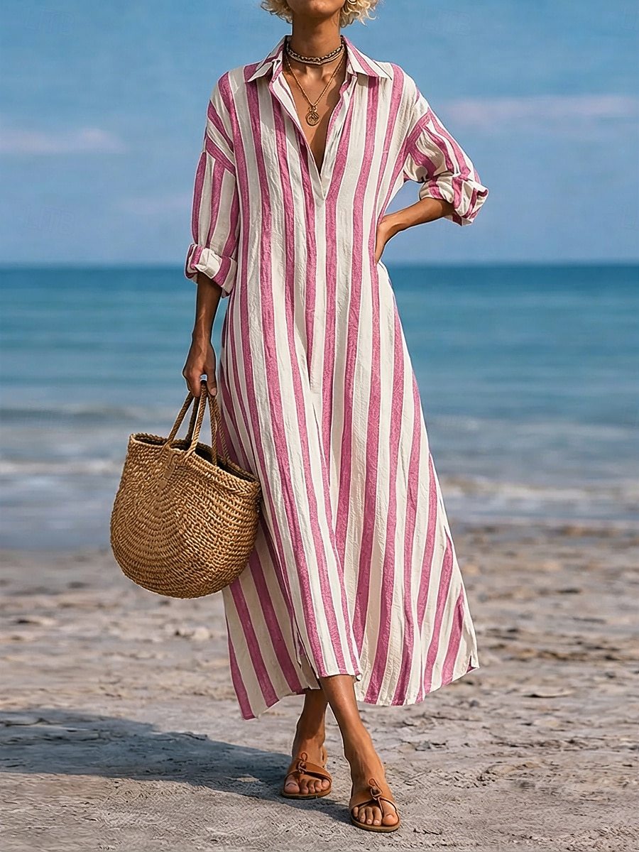 Striped Lapel Pocket Dress