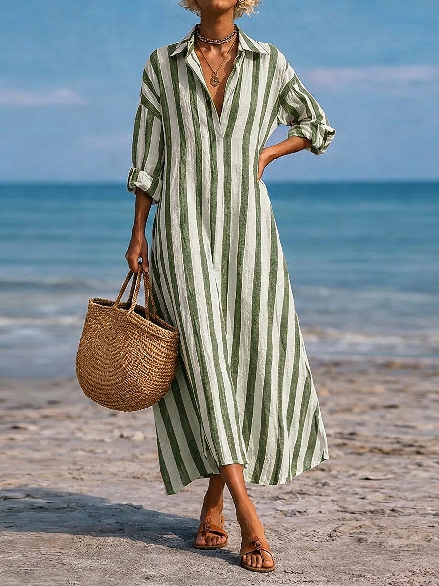 Striped Lapel Pocket Dress
