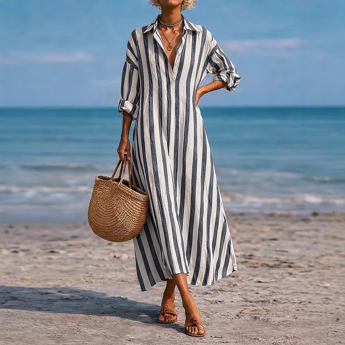Striped Lapel Pocket Dress