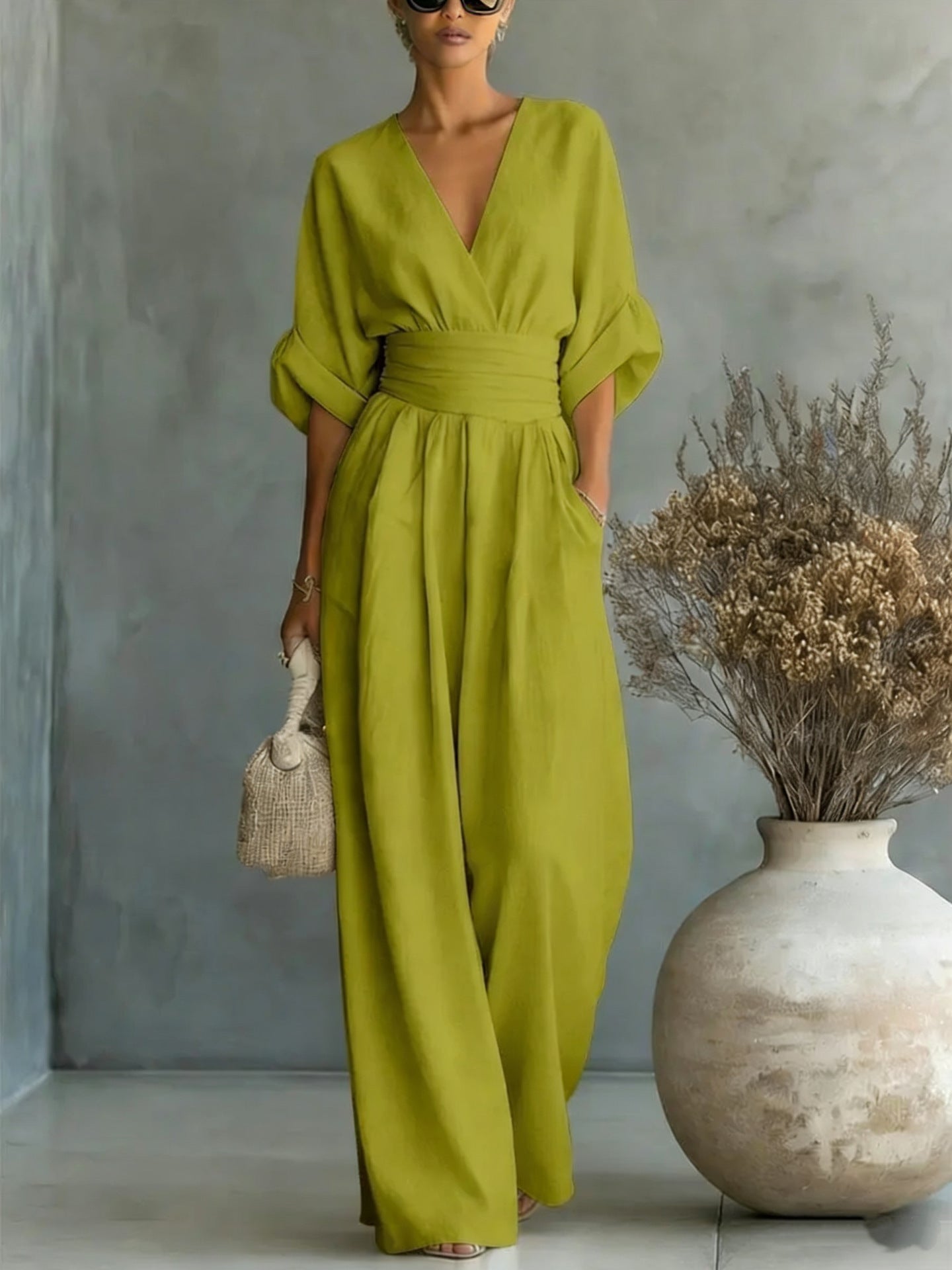 Summer V-Neck Wide-Leg Jumpsuit | Casual Chic One-Piece