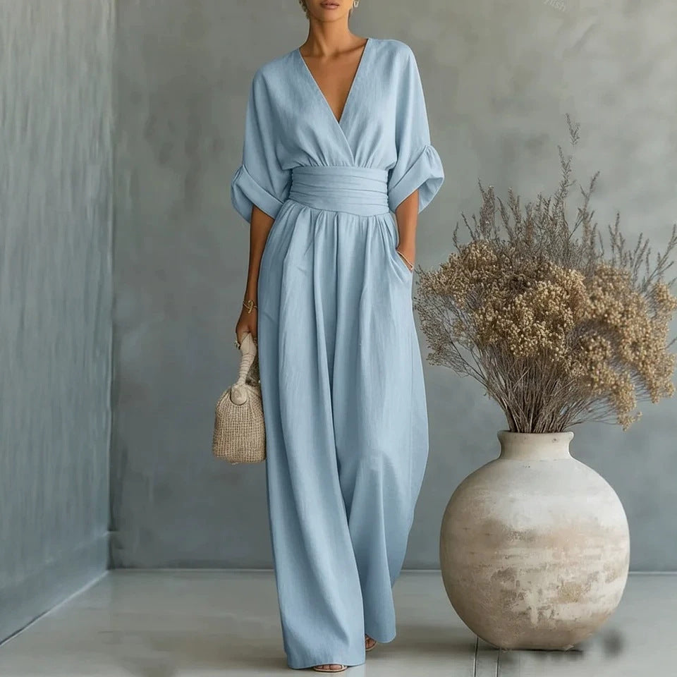 Summer V-Neck Wide-Leg Jumpsuit | Casual Chic One-Piece