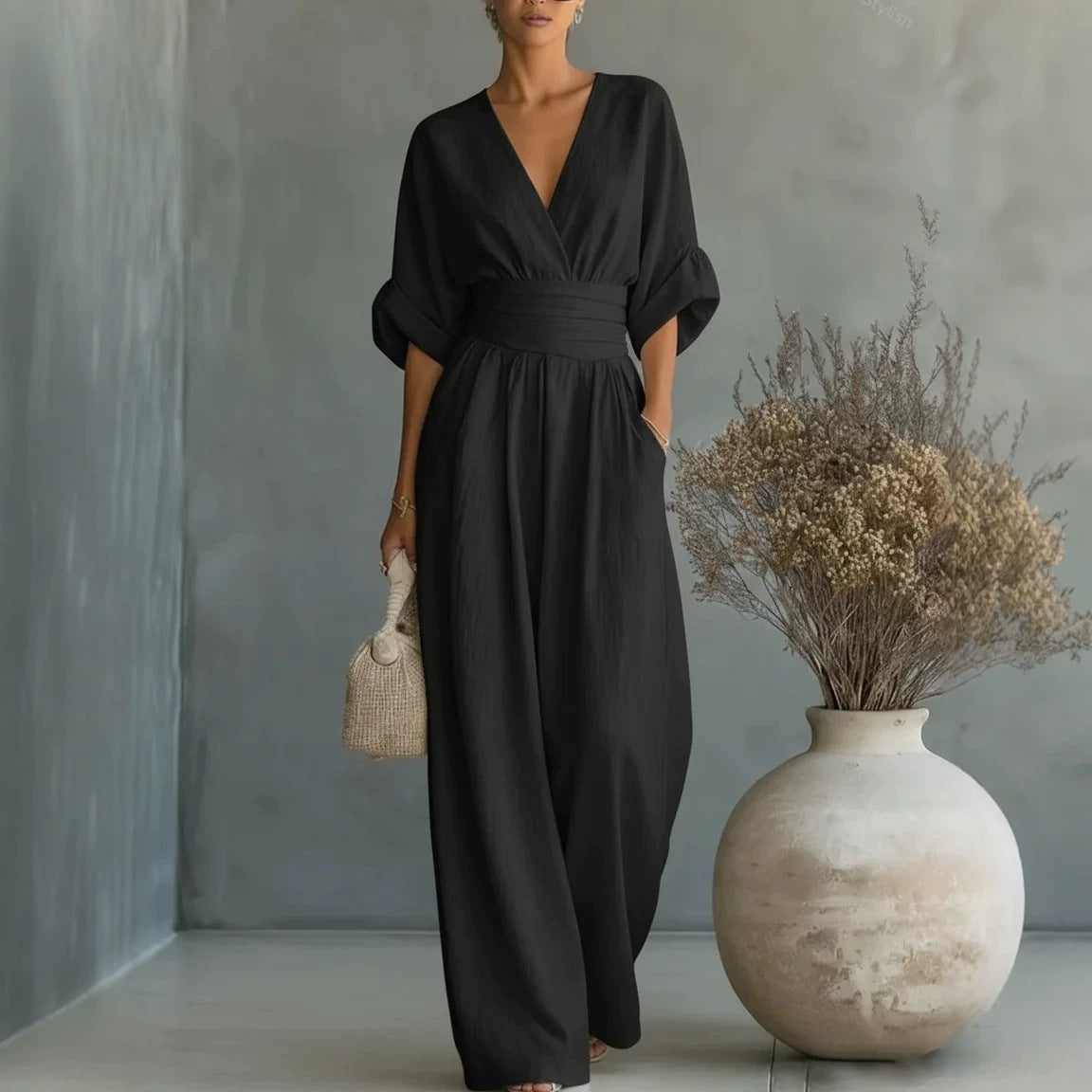 Summer V-Neck Wide-Leg Jumpsuit | Casual Chic One-Piece