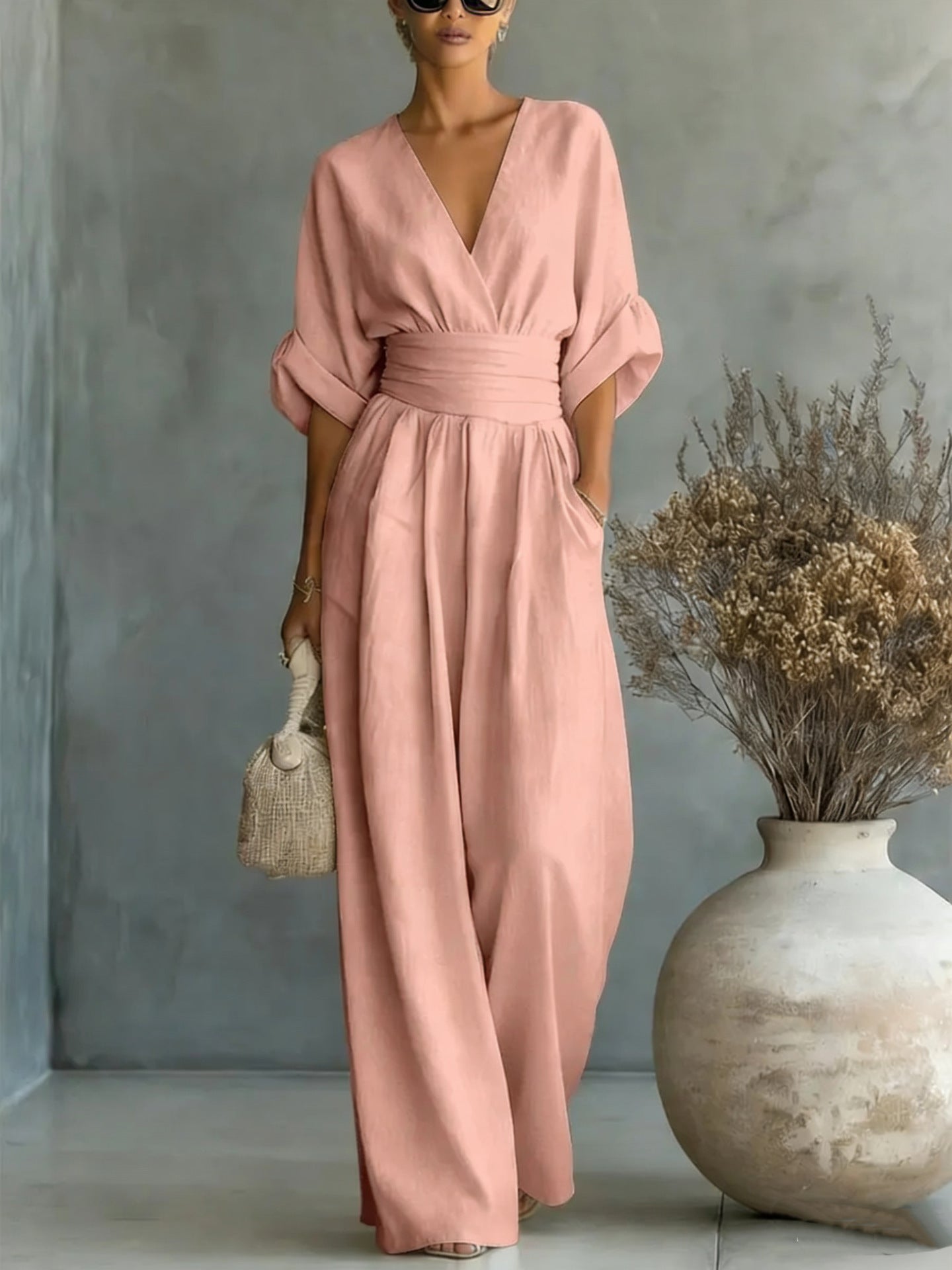 Summer V-Neck Wide-Leg Jumpsuit | Casual Chic One-Piece