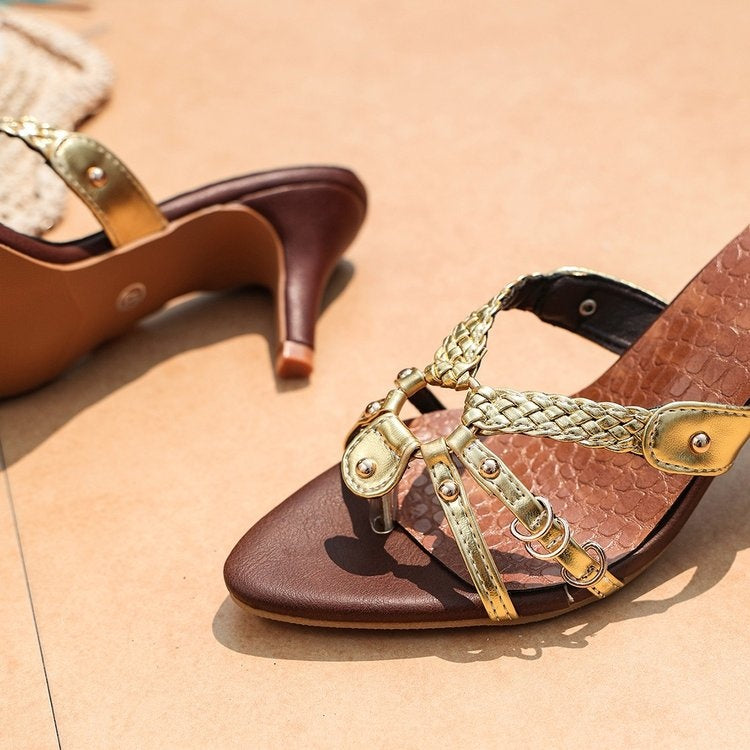 Woven Cross-Strap Sandals | Vintage Retro Thin-Heel Pointed-Toe Heels