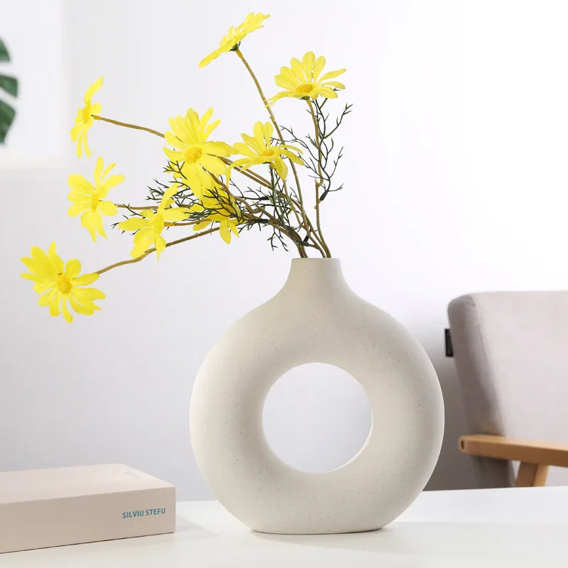 Nordic Hollow Ceramic Vase | Minimalist Round Flower Pot