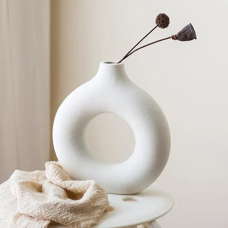 Nordic Hollow Ceramic Vase | Minimalist Round Flower Pot