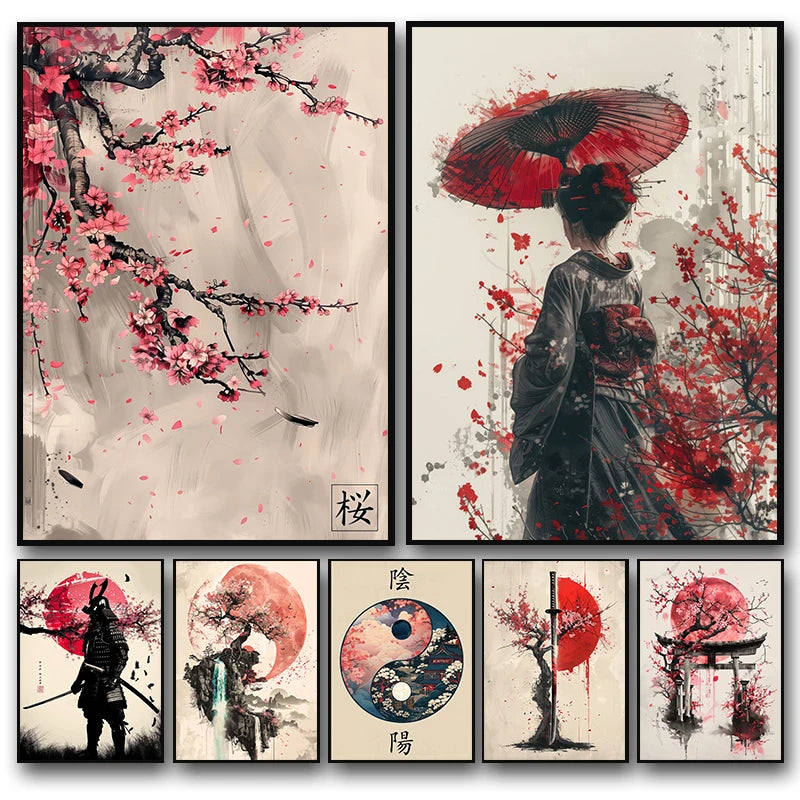 Japanese Canvas Wall Art Print | Samurai, Geisha, Sakura & Torii Gate