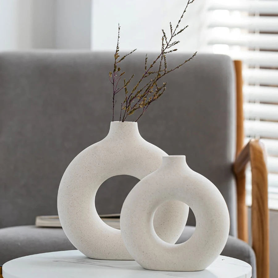 Nordic Hollow Ceramic Vase | Minimalist Round Flower Pot