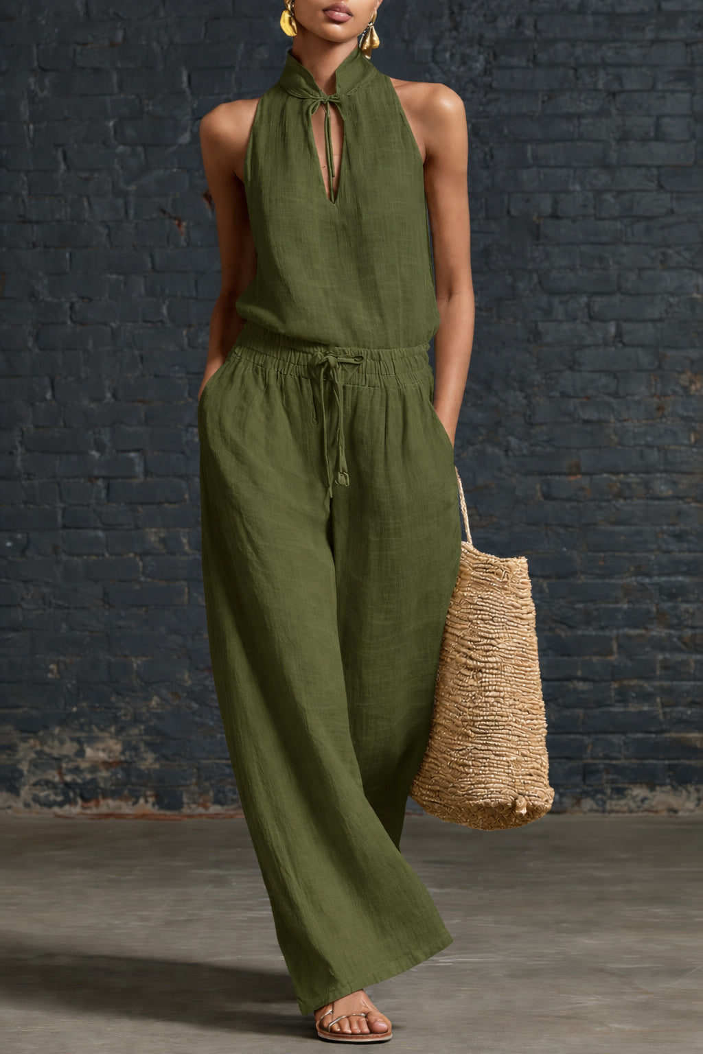 Cotton & Linen Top and Wide-Leg Pants Set