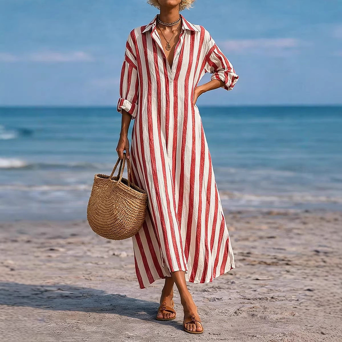 Striped Lapel Pocket Dress