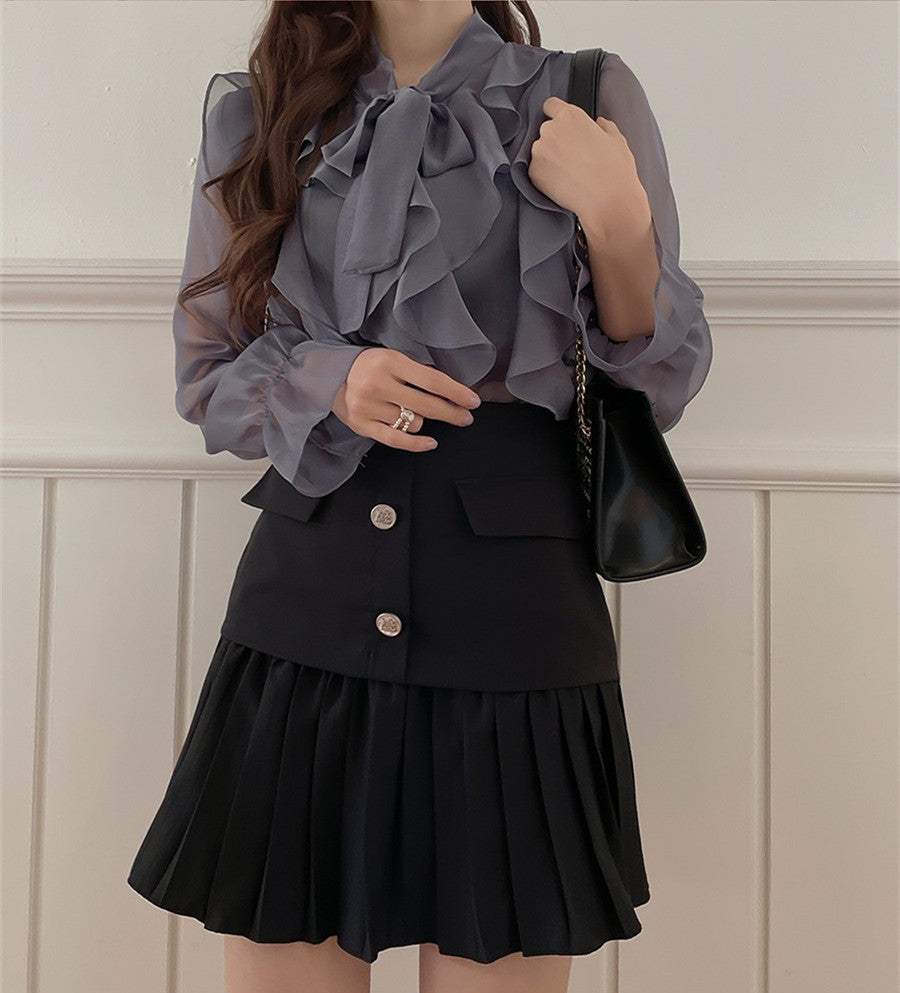 Ruffle Chiffon Sheer Blouse | Bow-Tie Elegant Top for Women