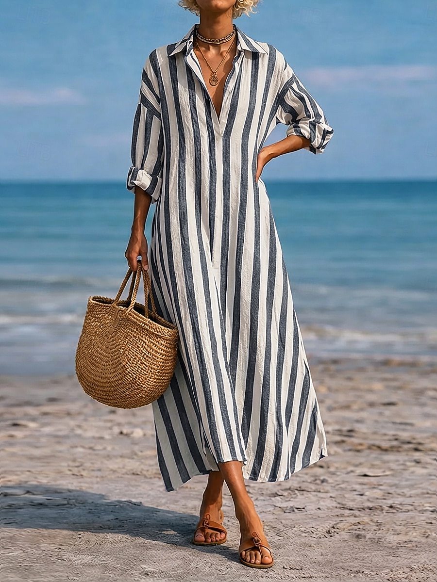 Striped Lapel Pocket Dress