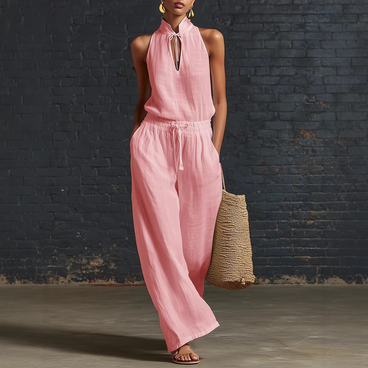 Cotton & Linen Top and Wide-Leg Pants Set