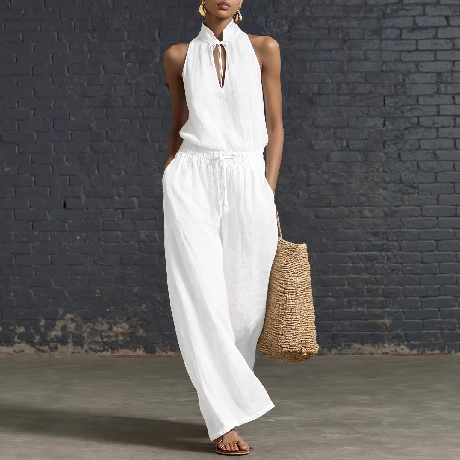 Cotton & Linen Top and Wide-Leg Pants Set