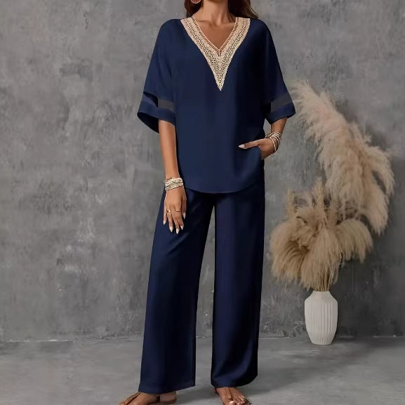 V-Neck Embroidered Top & Wide-Leg Pants Set