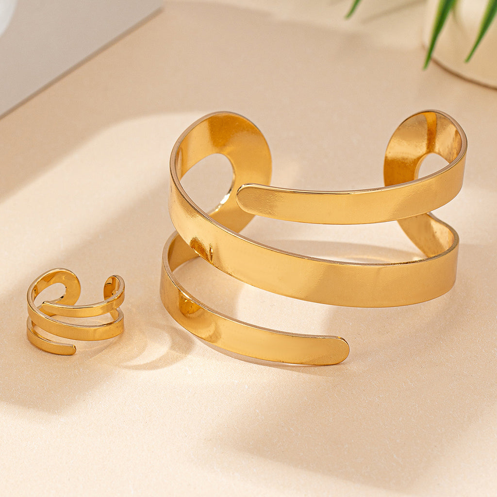 Geometric Hollow-Out Bracelet & Ring Set