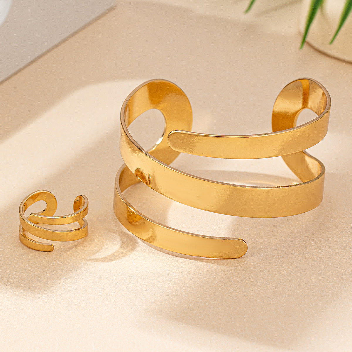 Geometric Hollow-Out Bracelet & Ring Set
