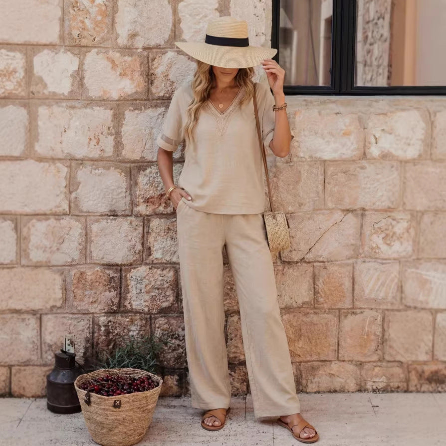 V-Neck Embroidered Top & Wide-Leg Pants Set