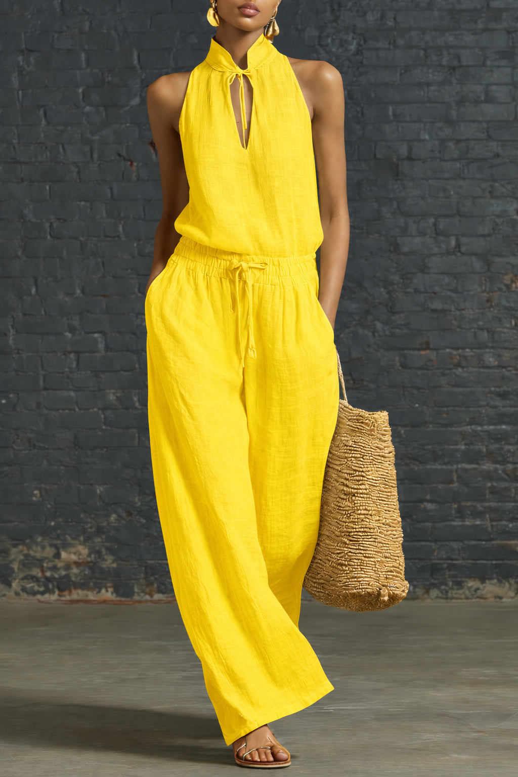Cotton & Linen Top and Wide-Leg Pants Set