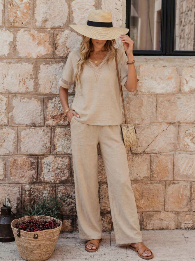 V-Neck Embroidered Top & Wide-Leg Pants Set