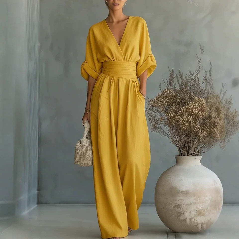 Summer V-Neck Wide-Leg Jumpsuit | Casual Chic One-Piece
